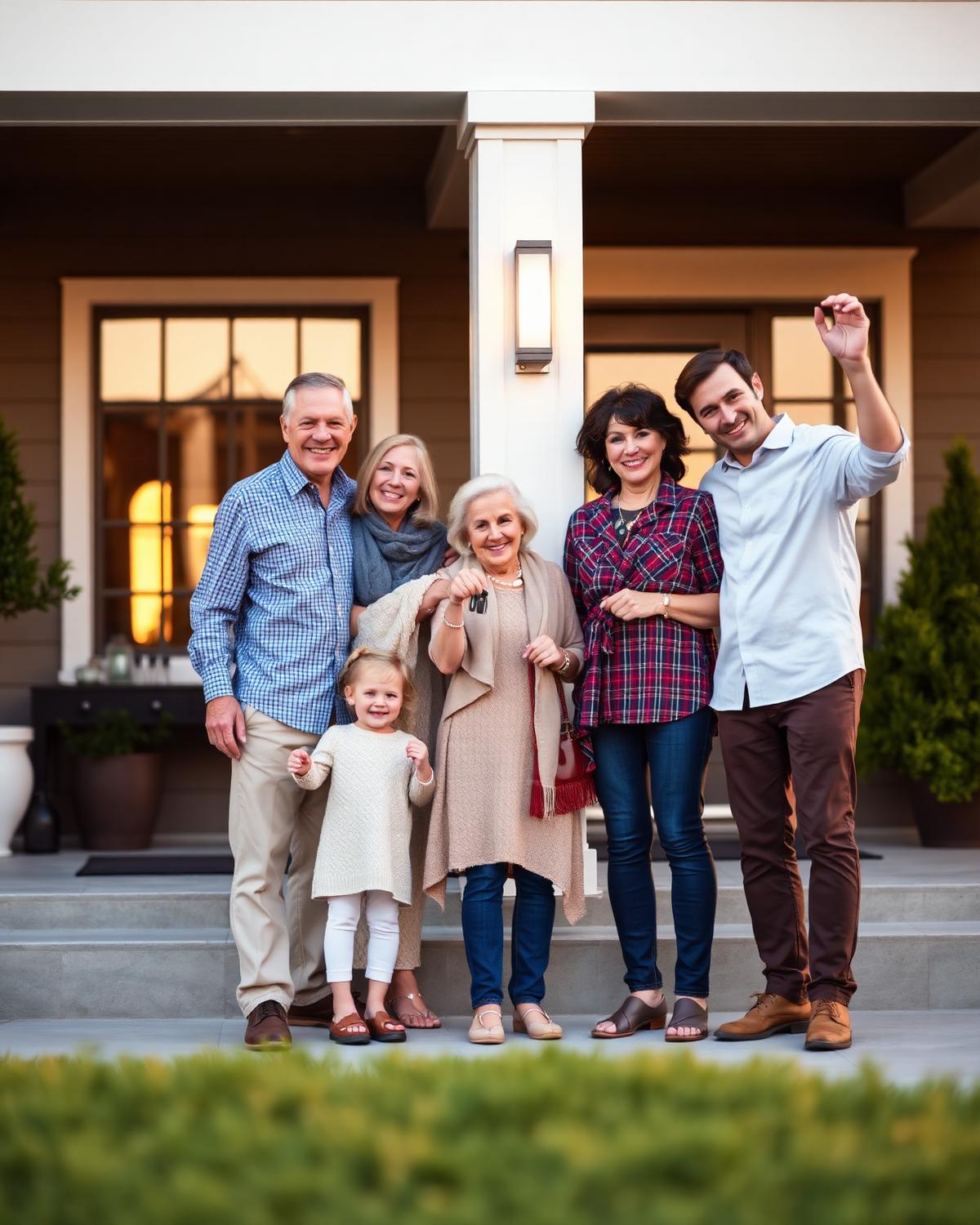 Multi-generational family celebrating with keys to their new home